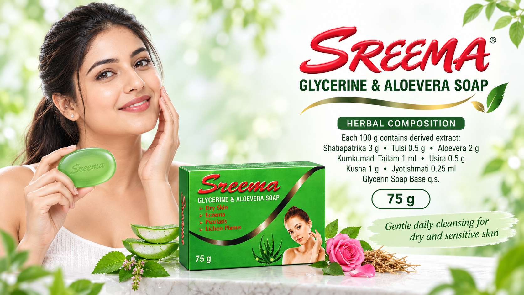 Sreema Glycerine & Aloe Vera Soap - 75 g. See the pack for composition and usage details.
